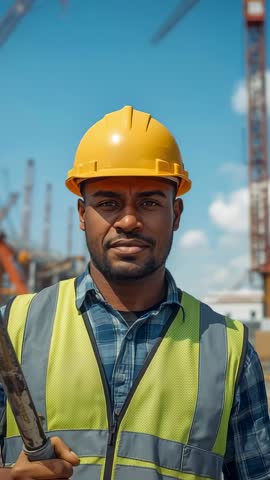 Vertical video: Construction worker adjusting pipe grip wearing hard hat and safety vest