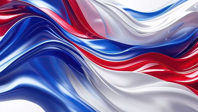 Abstract flowing metallic ribbons in red, white, and blue