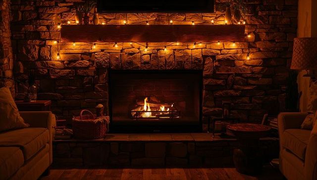 Cozy stone fireplace with string lights, glowing hearth, warm living room ambience