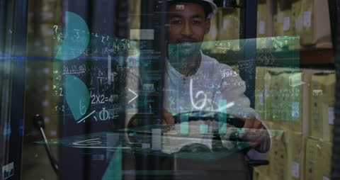 African American Worker with Futuristic Data Visualization in Warehouse