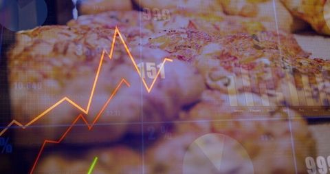 Cheesy pizza backdrop with bright financial graphs overlay showing market growth analytics