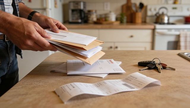 Sorting mail and bills on morning kitchen counter with keys and receipts