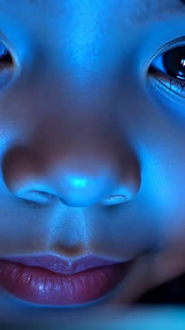Child Staring at Glowing Tablet Closeup Vertical Video Showing Blue Screen Curiosity