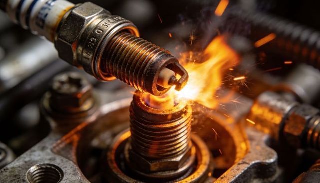 Spark plug igniting with bright orange sparks in engine cylinder macro showing threads and bolts