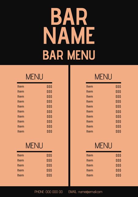 Versatile bar menu template featuring dual-column layout. Ideal for bars and restaurants to display food and drink options clearly. Easy to customize with your bar name, dishes, and prices. Perfect for promoting culinary delights to customers. This template can be used for both in-house menus and promotional materials.