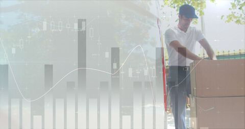 Delivery worker unloading packages with financial graph overlay