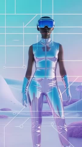 Vertical VR Video Calibrating Futuristic Figure in Silver Suit with Holographic Interface