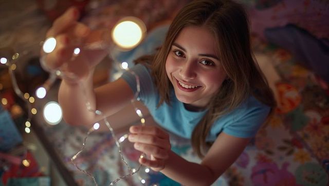 Teen girl smiling while arranging fairy lights at night