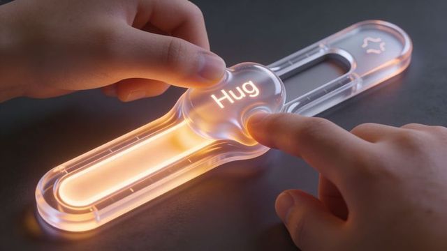 Hands pressing translucent hug button on cruciform led device emitting warm amber glow
