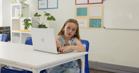 Young girl using laptop in classroom while looking thoughtful during lesson