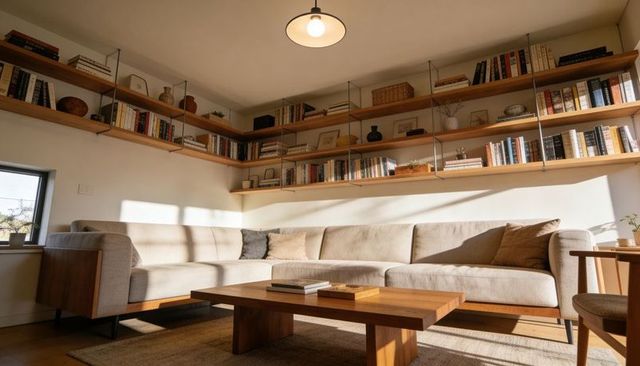 Sunlit minimalist living room with l-shaped sofa and floating wooden bookshelves
