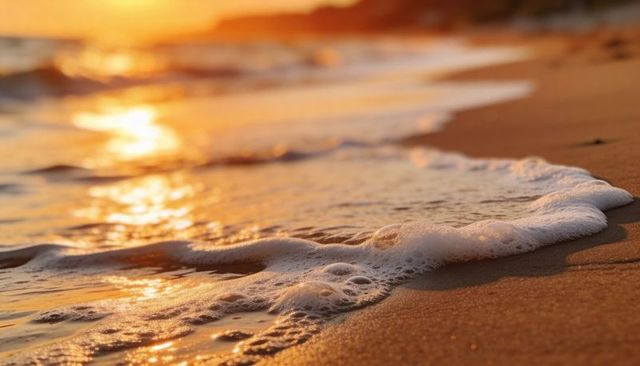 Golden-hour surf lapping foamy shoreline on wet sand with sunlight reflections