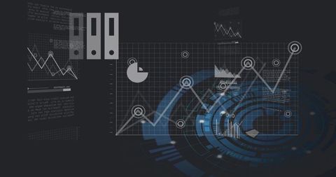Displaying Futuristic Analytics Dashboard with Rising Line Chart, Node Markers, Circular HUD