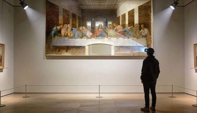 Visitor wearing ar headset engaging renaissance mural under spotlights with digital overlay