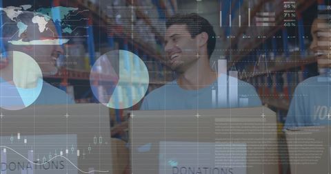 Smiling Volunteers with Overlayed Data in Donation Warehouse - Download Free Stock Images Pikwizard.com