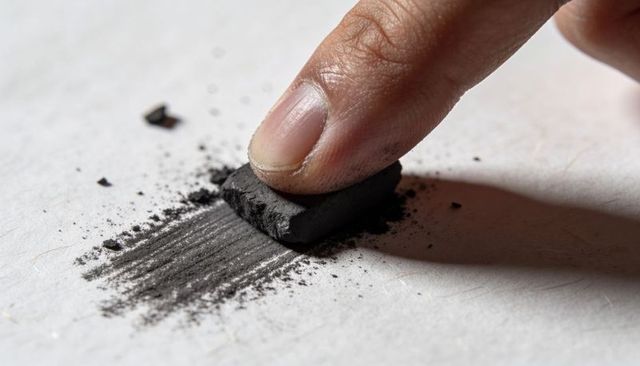 Closeup finger pressing charcoal stick dragging powder across paper for sketch texture