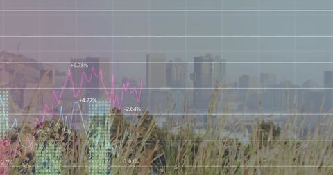 Coastal Grasses Overlaying Hazy City Skyline Displaying Market Growth Charts