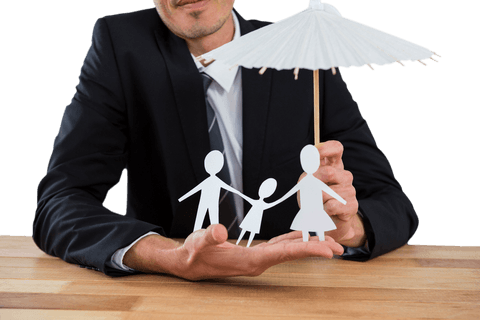 Businessman holding umbrella and paper family transparent background