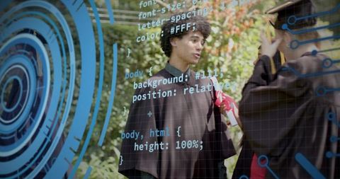 Graduates holding diplomas and adjusting mortarboards while augmented hud overlays campus