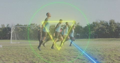 Youth soccer players jumping agility drill with neon graphic overlays on training field