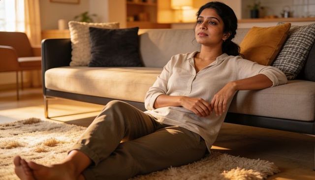Contemplative woman leaning on modern sofa, wearing beige shirt and showing ring