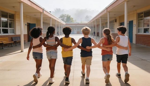 Elementary kids walking arm in arm down school courtyard showing friendship and teamwork