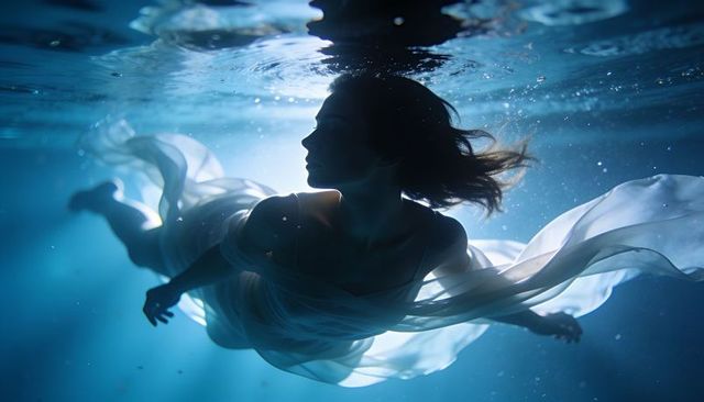 Underwater woman floating in flowing sheer gown, backlit ethereal silhouette, dreamy blue
