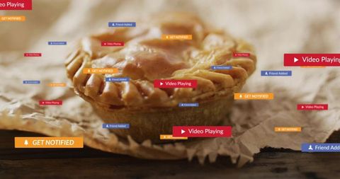 Golden hand pie with social media notification overlay and ui badges for marketing