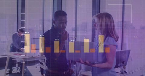 Professionals Collaborating with Data Overlay in Corporate Environment