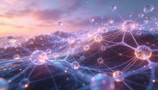 Glowing neural network mesh connecting luminous nodes over pastel horizon