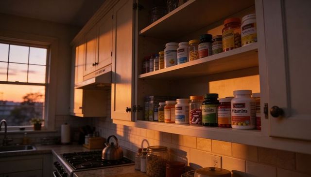 Sunset-lit kitchen shelf displaying organized vitamin and supplement bottles and jars in warm light