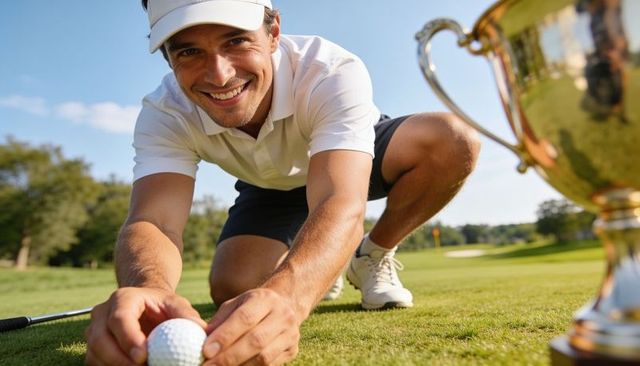Smiling golfer placing ball on putting green beside trophy celebrating tournament victory