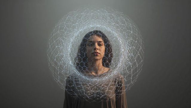 Woman wearing geometric wireframe halo surrounding face, futuristic minimalist portrait