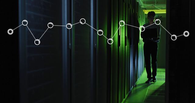 Technician walking through a dark server room is monitoring data servers with an overlay of a network graph, representing data flow and analytics. Suitable for representing cybersecurity concepts, IT infrastructure, data management solutions, or technology operations. Can be used in articles, presentations, or websites related to data security, monitoring, or IT services.