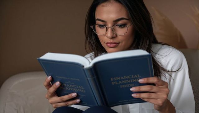 Woman reading financial planning book wearing glasses cozy minimal home portrait