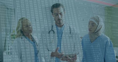 Medical Team Analyzing Data with Digital Overlay in Hospital