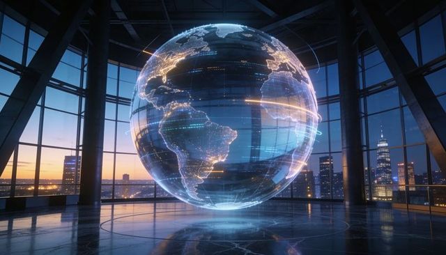 Holographic globe floating over marble atrium with city skyline and streaming data arcs