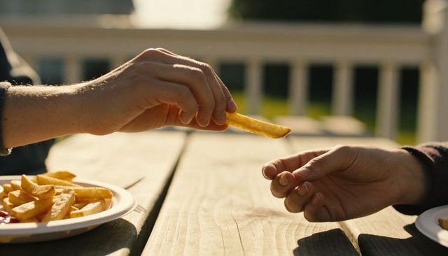 Hands sharing single golden french fry on sunlit wooden picnic table, casual