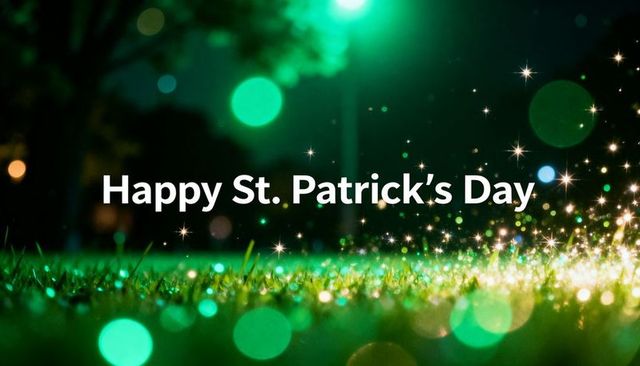 Happy st. Patrick's day over dewy night grass with emerald bokeh and festive golden glow