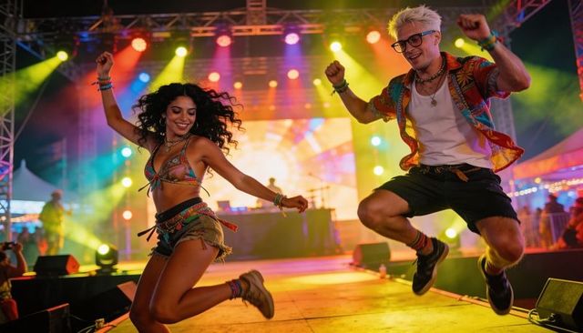Festival dancers jumping under neon stage lights energizing crowd with vibrant party vibe