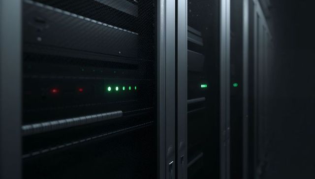 Glowing server rack aisle displaying green leds in dim bluish data center cabinets