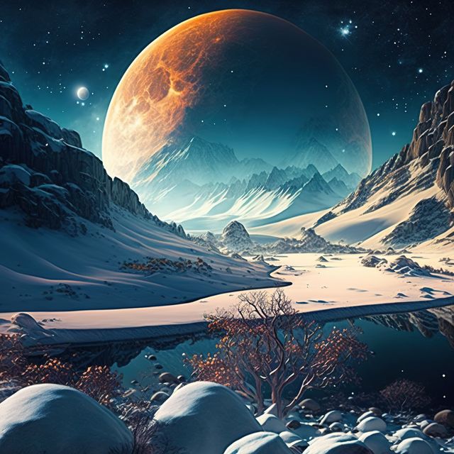 Image depicts a futuristic snowy landscape with an alien planet in the sky. Snow-covered mountains and a serene lake are in the foreground, set against a star-filled night sky. Ideal for use in sci-fi stories, adventure themes, fantasy narratives, or as a striking visual in creative projects about space and extraterrestrial worlds.