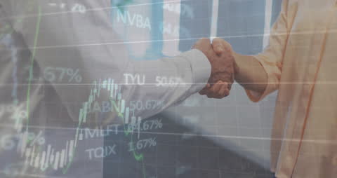 Business Partnership Handshake with Stock Market Data Overlay