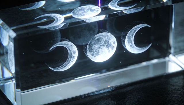 Reflecting crystal block displaying laser-etched moon phases with prism pinpoint glow