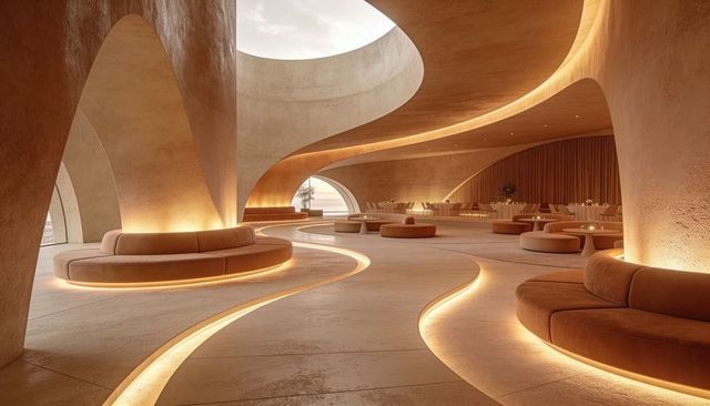 Curving illuminated walkway in futuristic earth-toned hotel lounge with ambient round sofas