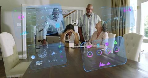 Multigenerational family collaborating over holographic data dashboards around dining table