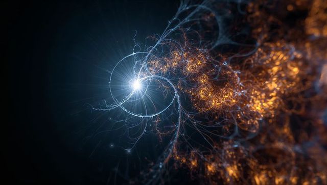 Radiant Spiral Core Radiating Blue-White Energy and Filaments into Amber Fractal Tendrils