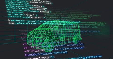 Futuristic wireframe van visualization over code interface