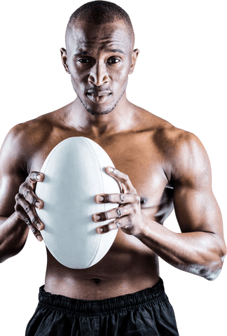 Confident Sportsman Holding Rugby Ball on Transparent Background