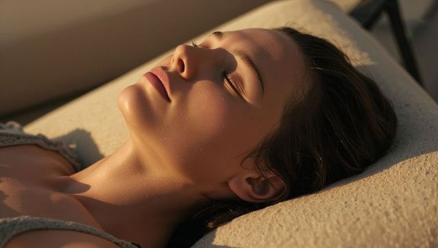 Sunlit woman reclining on beige lounger soaking up golden-hour warmth and calm relaxation